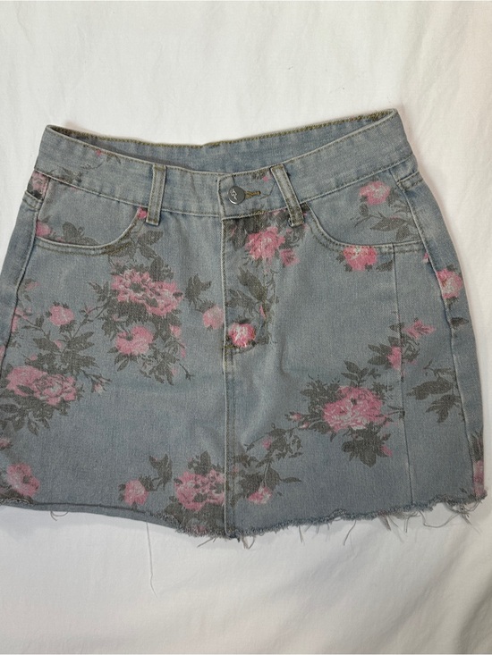 Source Unknown Dresses & Skirts - Pink Floral Denim Mini Skirt on Light Blue Wash
